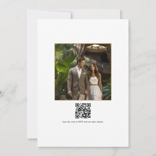 熱帯フローラ結婚幾何学模様の写真とQRコード 招待状 (裏面)