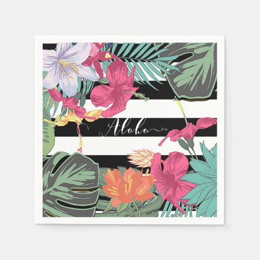 熱帯フローラ葉花白黒ストライプ スタンダードカクテルナプキン (正面)