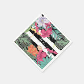 熱帯フローラ葉花白黒ストライプ スタンダードカクテルナプキン (角)