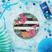 熱帯フローラ葉花白黒ストライプ ペーパープレート (パーティー)