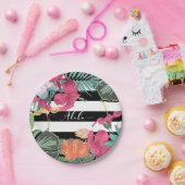 熱帯フローラ葉花白黒ストライプ ペーパープレート (パーティー)