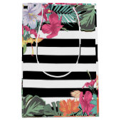 熱帯フローラ葉花白黒ストライプ ミディアムペーパーバッグ (正面)