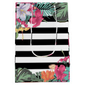熱帯フローラ葉花白黒ストライプ ミディアムペーパーバッグ (裏面)