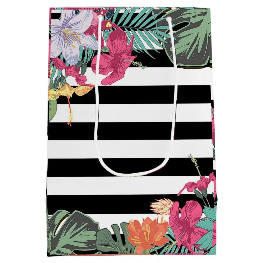 熱帯フローラ葉花白黒ストライプ ミディアムペーパーバッグ (裏面)