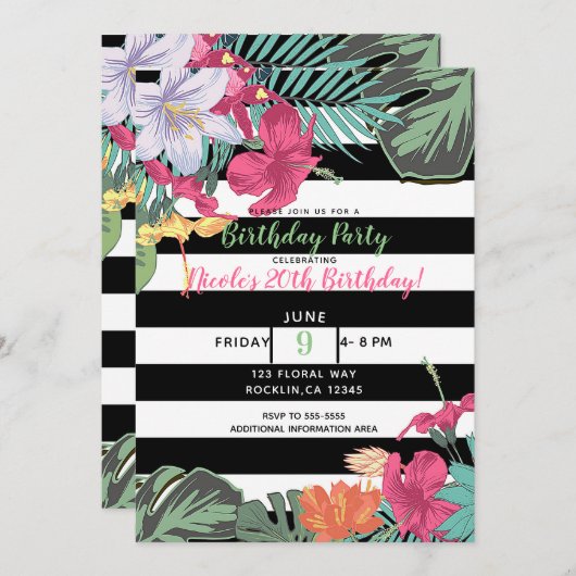 熱帯フローラ葉花白黒ストライプ 招待状 (正面/裏面)
