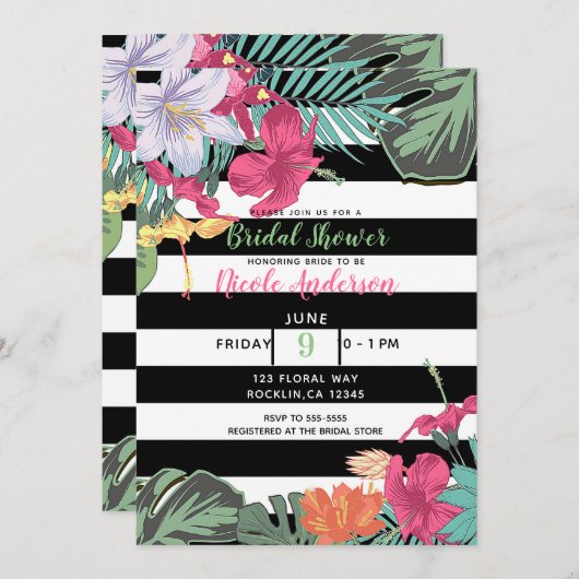 熱帯フローラ葉花白黒ストライプ 招待状 (正面/裏面)