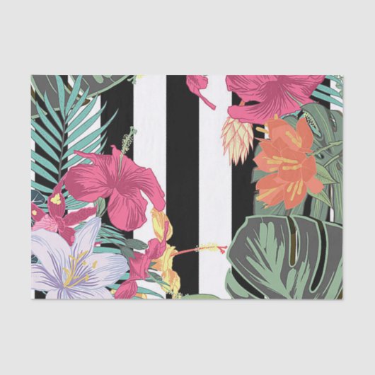 熱帯フローラ葉花白黒ストライプ 薄葉紙 (正面)