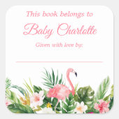 熱帯フローラ赤ちゃんシャワーピンク蔵書票ラベル スクエアシール (正面)