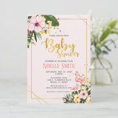 熱帯フローラ金ゴールドフラミンゴピンクベビーシャワー 招待状 (スタンド正面)