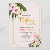 熱帯フローラ金ゴールドフラミンゴピンクベビーシャワー 招待状 (正面/裏面)
