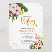 熱帯フローラ金ゴールドフラミンゴベビーシャワー 招待状 (正面/裏面)