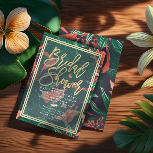 熱帯フローラ金ゴールドフレームハワイアンブライダルシャワー 招待状