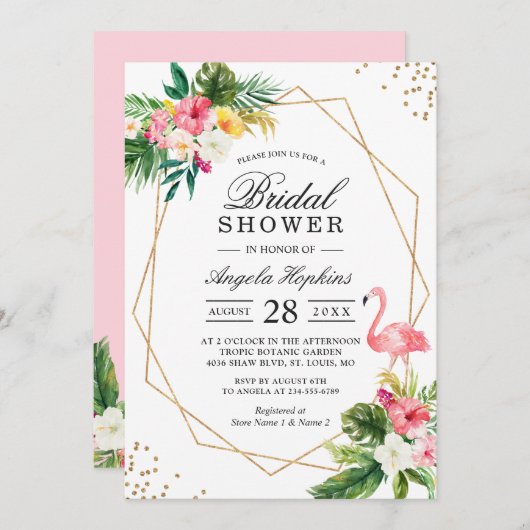 熱帯フローラ金ゴールドフレームフラミンゴブライダルシャワー 招待状 (正面/裏面)