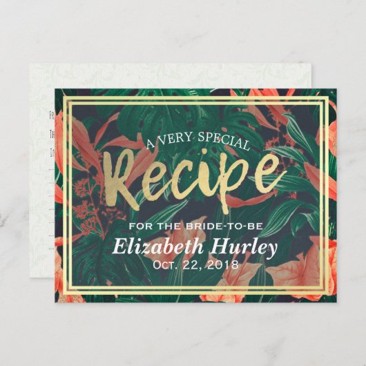 熱帯フローラ金ゴールドフレームブライダルシャワーレシピ インビテーションポストカード (正面/裏面)