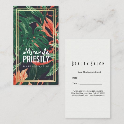 熱帯フローラ金ゴールドフレームメイクアップ美しいサロン 予約カード (正面/裏面)