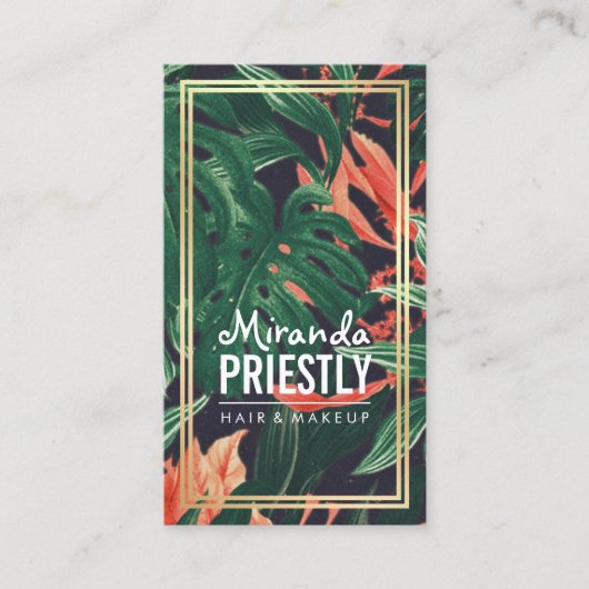 熱帯フローラ金ゴールドフレームメイクアップ美しいサロン 予約カード (正面)