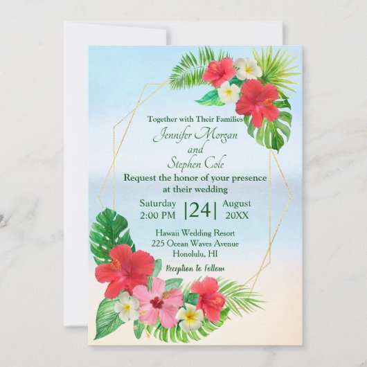 熱帯フローラ金ゴールド幾何結婚性 招待状 (正面)