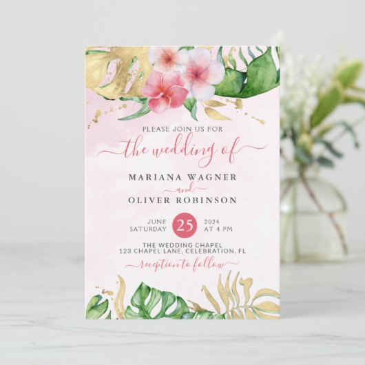 熱帯フローラ金ゴールド水彩結婚式招待状 招待状 (スタンド正面)