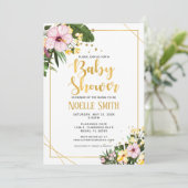 熱帯フローラ金ゴールド男女兼用ベビーシャワー 招待状 (スタンド正面)