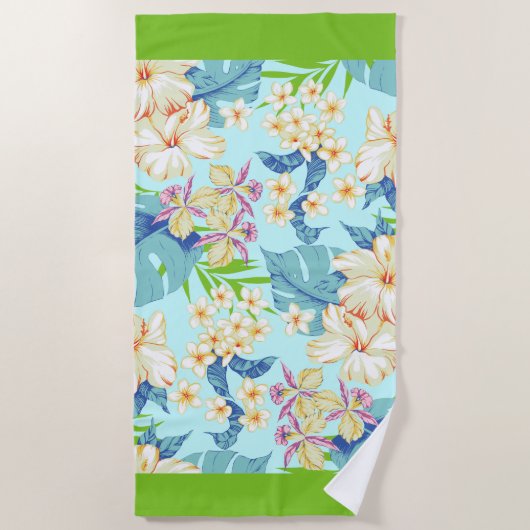 熱帯フローラ(ダークグリーン縁どビーチタオル付き) ビーチタオル (正面)