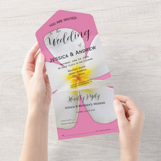 熱帯フローラ、ピンクの白いプルメリア結婚、 オールインワン招待状 (貼ってはがせる)