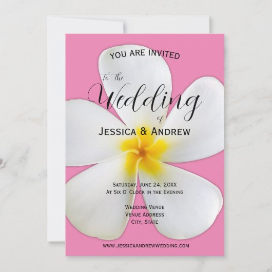 熱帯フローラ、ピンクの白いプルメリア結婚、 招待状 (正面)