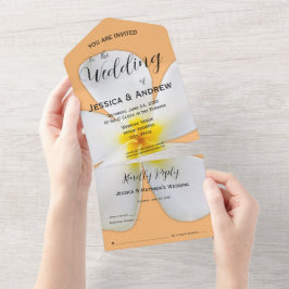 熱帯フローラ、白プルメリアオレンジ結婚ズ オールインワン招待状