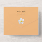 熱帯フローラ、白プルメリアオレンジ結婚ズ オールインワン招待状 (裏面)