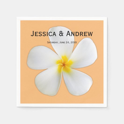 熱帯フローラ、白プルメリアオレンジ結婚ズ スタンダードカクテルナプキン (正面)