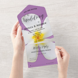 熱帯フローラ、白プルメリア、ラベンダー結婚、 オールインワン招待状