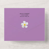 熱帯フローラ、白プルメリア、ラベンダー結婚、 オールインワン招待状 (裏面)