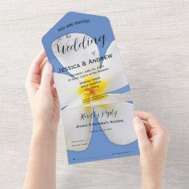 熱帯フローラ、青の白いプルメリア結婚、 オールインワン招待状