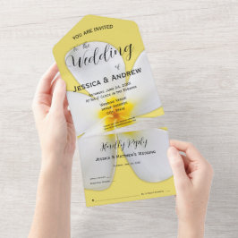 熱帯フローラ、黄色の白いプルメリア結婚、 オールインワン招待状