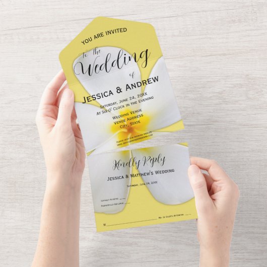 熱帯フローラ、黄色の白いプルメリア結婚、 オールインワン招待状 (貼ってはがせる)