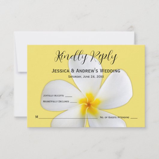 熱帯フローラ、黄色の白いプルメリア、RSVP サンキューカード (正面)