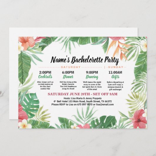 熱帯ブライダルシャワーの旅程のアロハ招待 招待状 (正面/裏面)