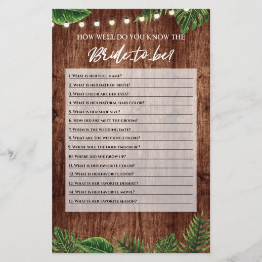 熱帯ブライダルシャワーよく知っているゲームカード (正面)