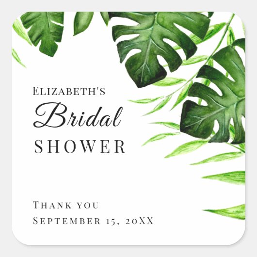 熱帯ブライダルシャワー水彩文字ジャングル スクエアシール (正面)
