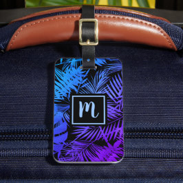 熱帯ブルーパープルリーフモノグラムモダン ラゲッジタグ