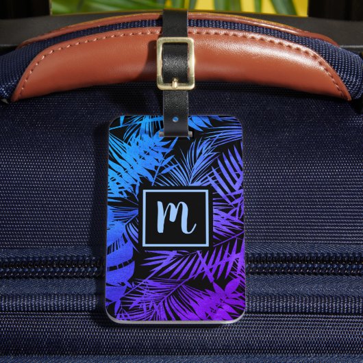 熱帯ブルーパープルリーフモノグラムモダン ラゲッジタグ (正面インサイチュ2)