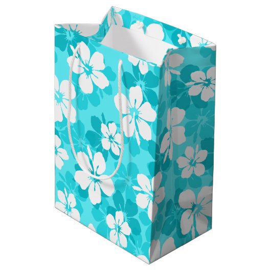 熱帯ブルーホワイトハイビスカスフラワーパターン ミディアムペーパーバッグ (裏面アングル)