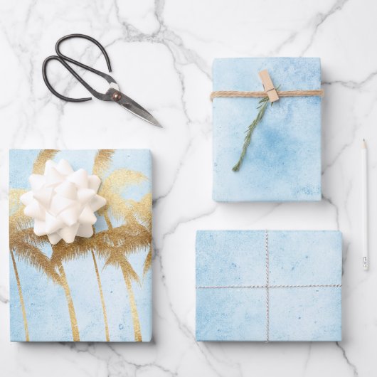 熱帯ブルー金ゴールドヤシの木 ラッピングペーパーシート (正面)