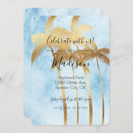 熱帯ブルー金ゴールドヤシの木 招待状 (正面/裏面)