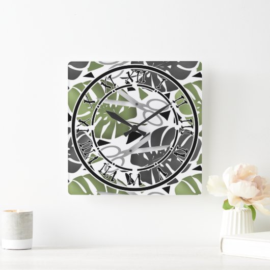 熱帯プリント葉モンテラはさみジャングルexo スクエア壁時計 (ホーム)