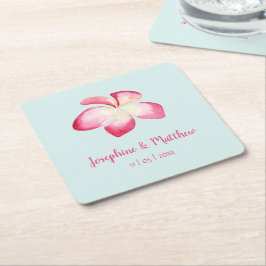 熱帯プルメリアピンクウォーター結婚カラー スクエアペーパーコースター