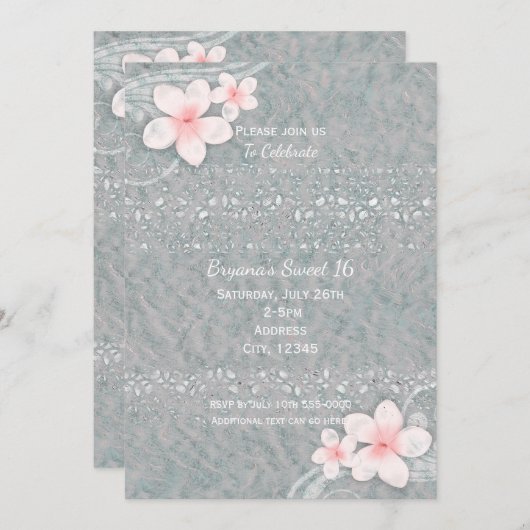 熱帯プルメリアフラワーグレーピンク夏パーティー 招待状 (正面/裏面)