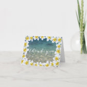 熱帯プルメリア花フレームのビーチは感謝していしています サンキューカード (正面)