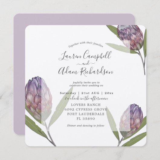 熱帯プロテアパープルウォーター結婚カラー 招待状 (正面/裏面)