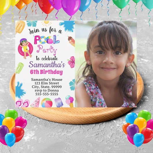 熱帯プールパーティー誕生日招待状for Girl 招待状