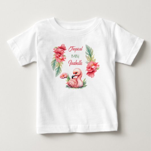 熱帯ベビーサマーピンクフラミンゴガール名 ベビーTシャツ (正面)